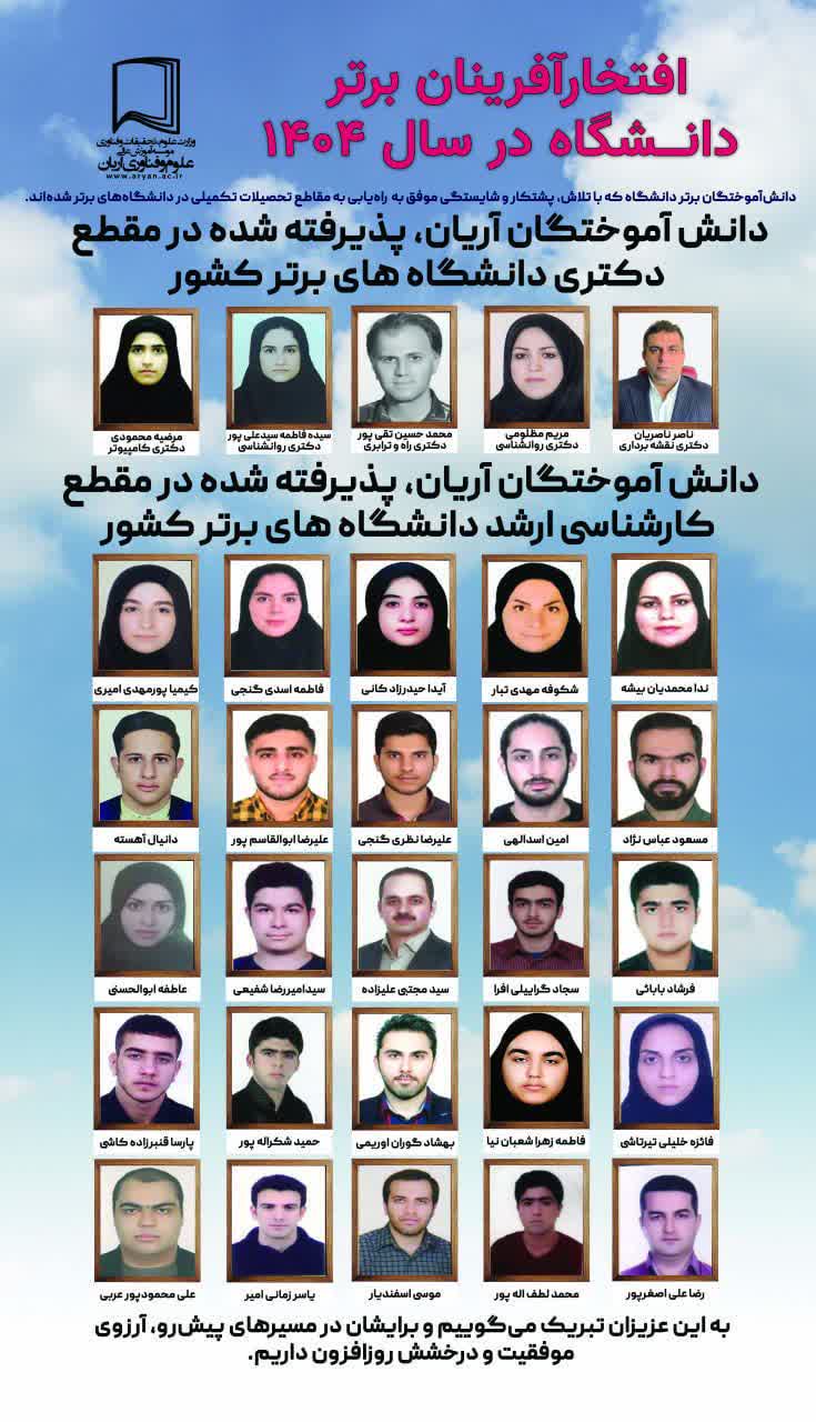 دانش‌آموختگان برتر دانشگاه علوم وفناوری آریان که موفق به راه‌یابی به مقاطع تحصیلات تکمیلی در دانشگاه‌های برتر شده‌اند.