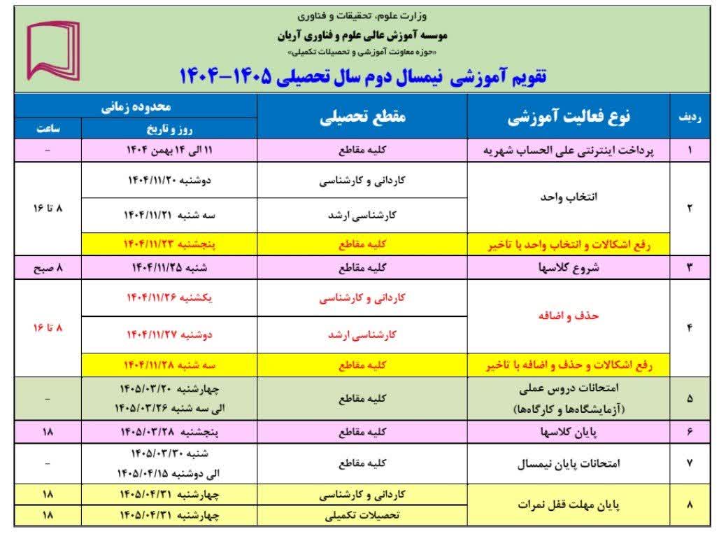 تقویم آموزشی نیمسال دوم سال تحصیلی ۱۴۰۵-۱۴۰۴