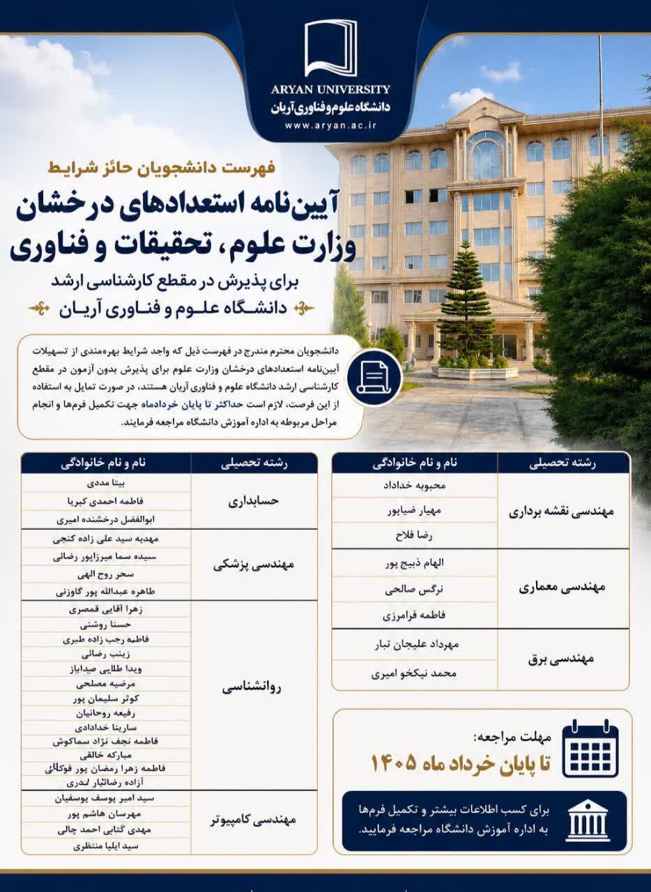 لیست دانشجویان برتر استعداد درخشان ( پذیرش بدون آزمون ارشد ۱۴۰۵) دانشگاه علوم و فناوری آریان