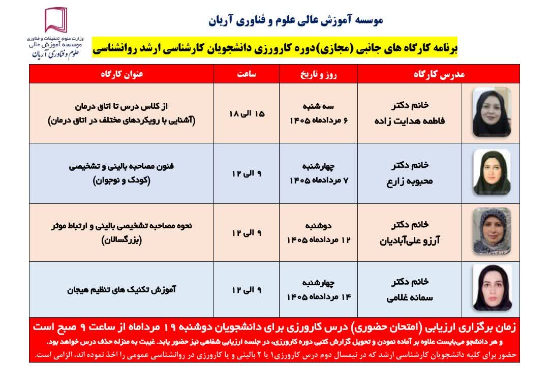 اعلام زمان برنامه (مجازی) کارگاه های جانبی (رایگان) دوره کارورزی دانشجویان کارشناسی ارشد روانشناسی دانشگاه علوم و فناوری آریان